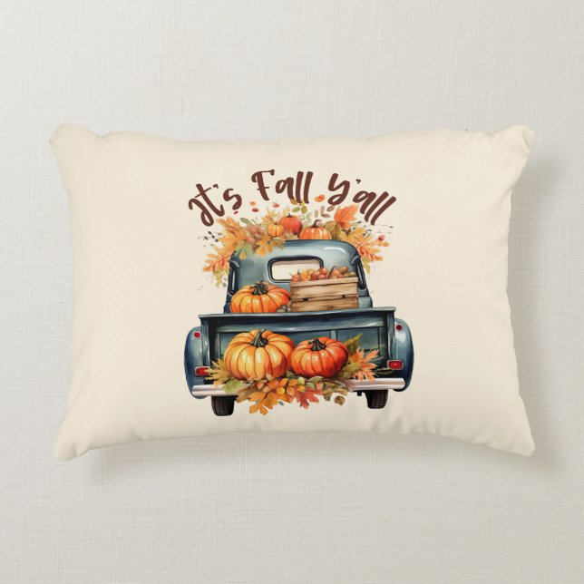 Lycklig Fall Y'all - Rustic Lastbil med Pumpkins Prydnadskudde (Framsidan)