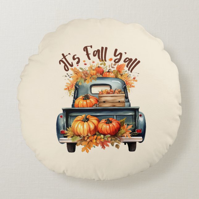 Lycklig Fall Y'all - Rustic Lastbil med Pumpkins Rund Kudde (Framsidan)