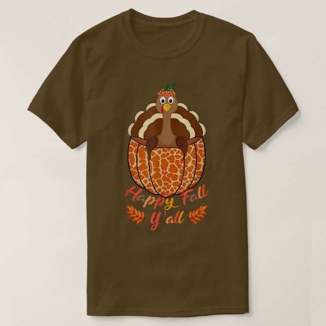 Lycklig Fall Y'all Turkey Pumpkin Giraffe Print th T Shirt (Design framsida)