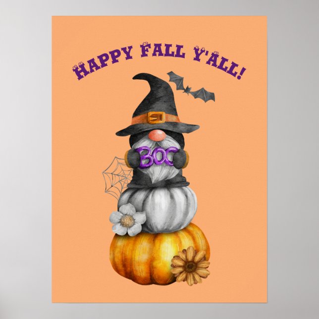 Lycklig Fall Y'All Watercolor Autumn Gnome Poster (Framsidan)