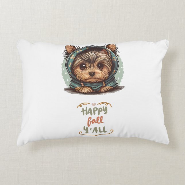Lycklig Fall Y'all Yorkshire Terrier Autumn Hoodie Prydnadskudde (Framsidan)