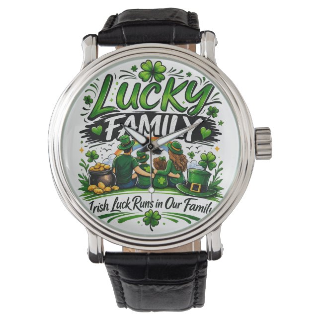 Lycklig familjegrupp irländsk shamrock St Patrick' Armbandsur (Framsida)
