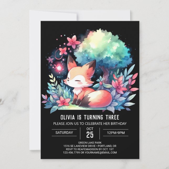 Lycklig Fantasy Fox Birthday digital Inbjudningar (Framsida)