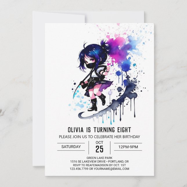 Lycklig Fantasy Ninja Digital Girl Birthday Inbjudningar (Framsida)