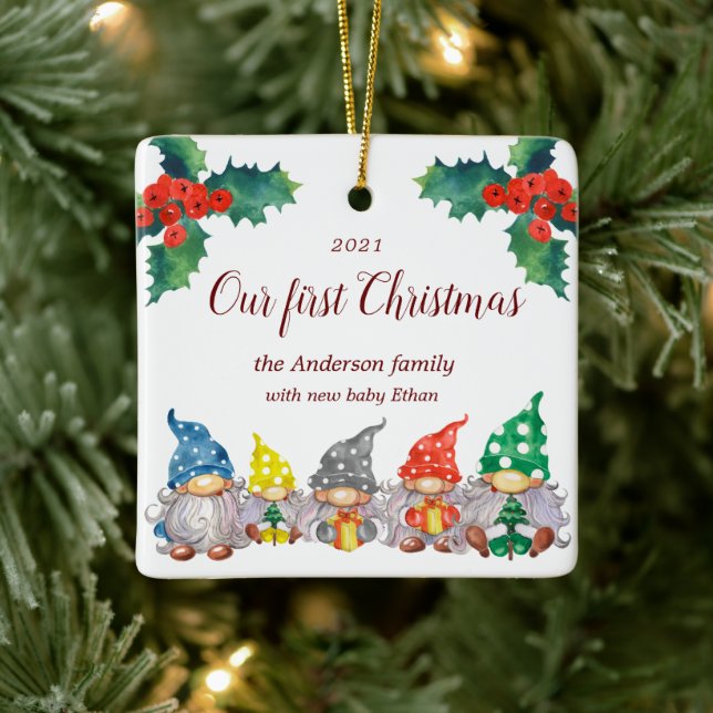 Lycklig färgade gnomer första julfoto julgransprydnad keramik (Träd)