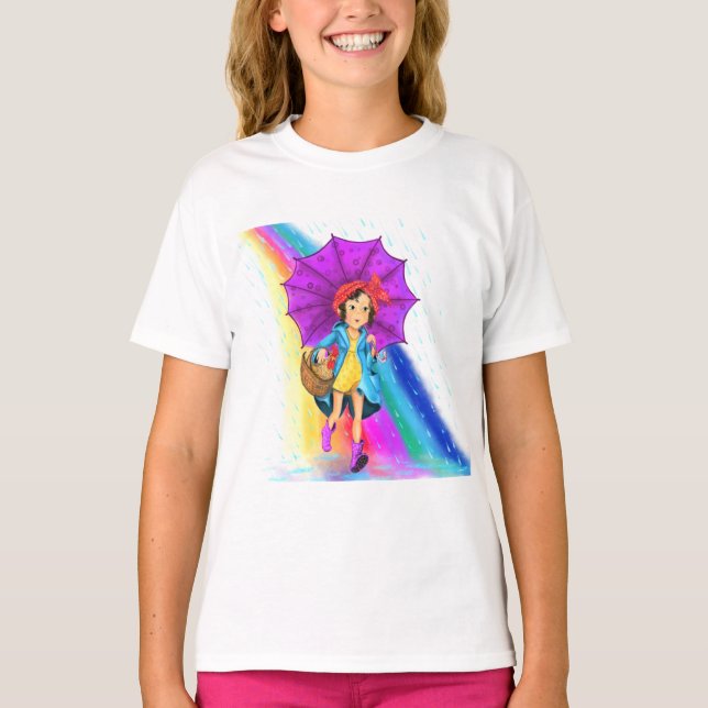 Lycklig Farm Girl med Parbrella T-Shirt (Framsida)