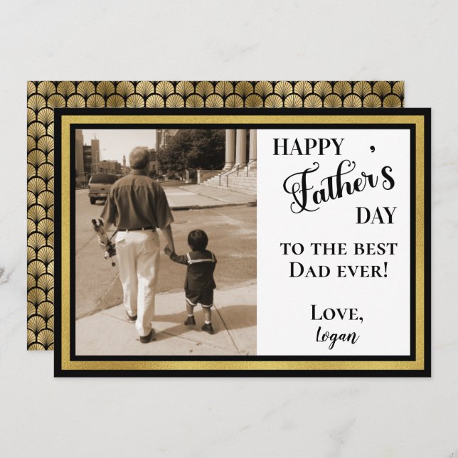 Lycklig Fars dag Black & Guld Art Deco Kort (Fram/baksida)