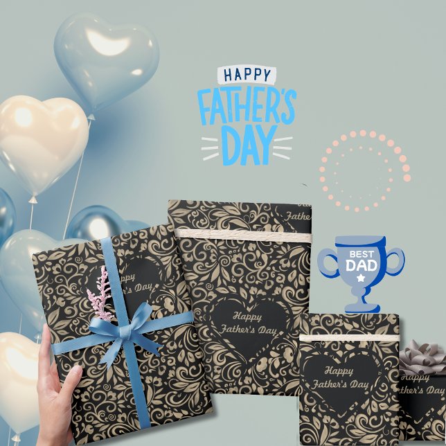 Lycklig Fars dag blommigt, svart guld mönster Presentpapper (Happy Fathers Day floral black gold pattern Wrapping Paper)