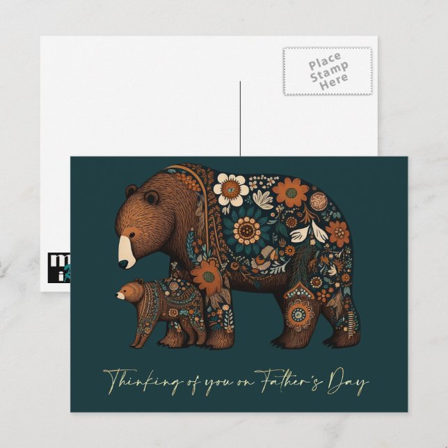 Lycklig Fars dag Cute Bears Folk Art Vykort (Fram/baksida)