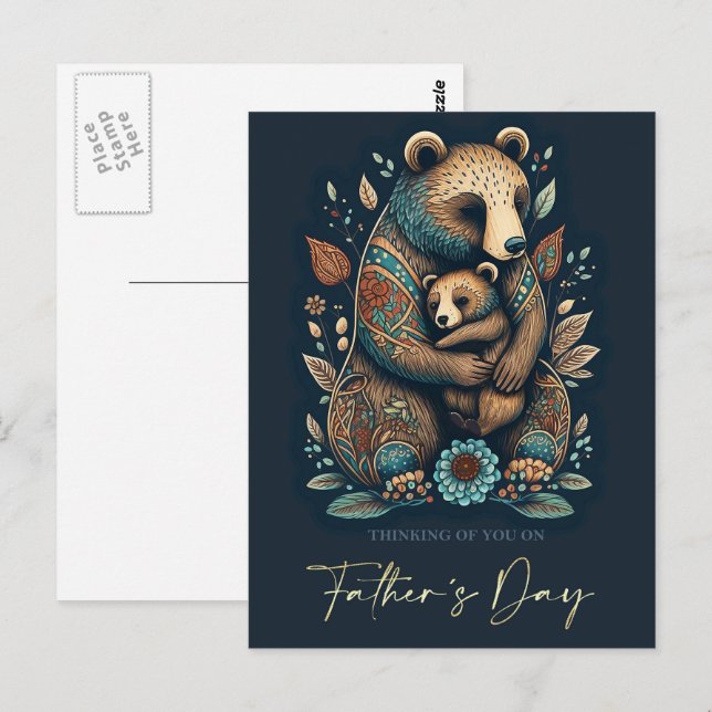 Lycklig Fars dag Cute Bears Folk Art Vykort (Fram/baksida)
