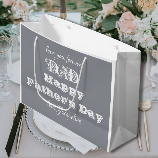 Lycklig Fars dag Pappa - Anpassat namn Vit Grått (Happy Fathers Day Dad. Custom Name Large  White & Gray Gift Bag. Elegance for a much loved father.)