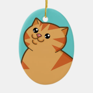 Lycklig fet orange (oval) kattminnessakprydnad, julgransprydnad keramik
