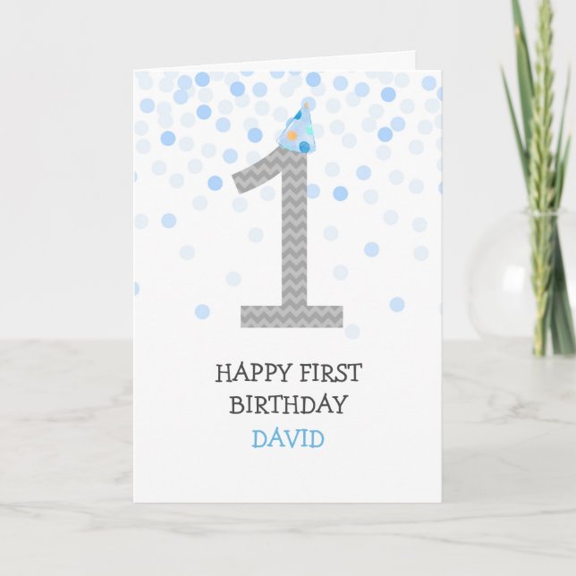 Lycklig First Birthday Boy Blue Confetti Chevron Kort (Framsida)