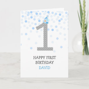 Lycklig First Birthday Boy Blue Confetti Chevron Kort