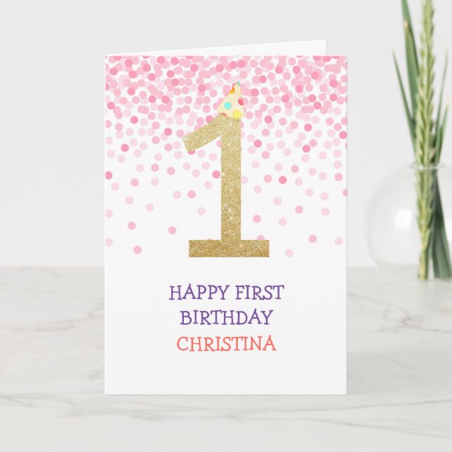 Lycklig First Birthday Girl Rosa Confetti Guld Cut Kort (Framsida)