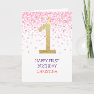 Lycklig First Birthday Girl Rosa Confetti Guld Cut Kort