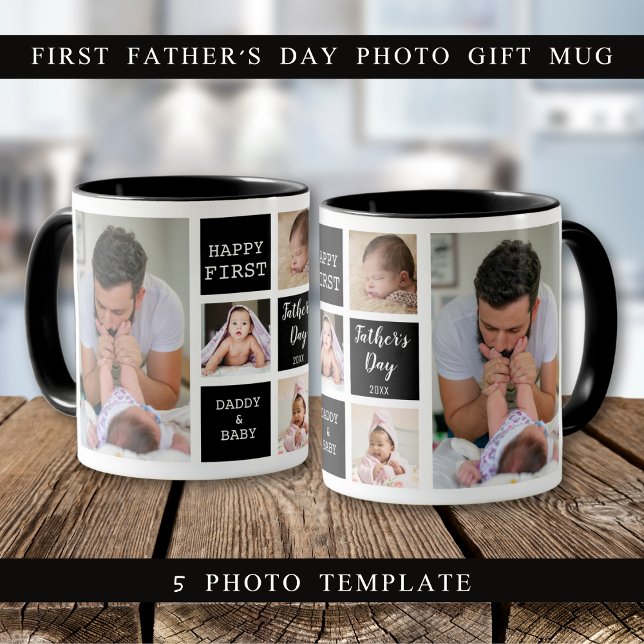 Lycklig First Fars dag 5 Photo Collage Black Mugg (Happy First Father's Day 5 Photo Collage Black Mug
)