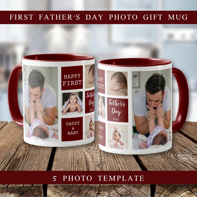 Lycklig First Fars dag 5 Photo Collage Maroon Mugg (Happy First Father's Day 5 Photo Collage Maroon Mug
)