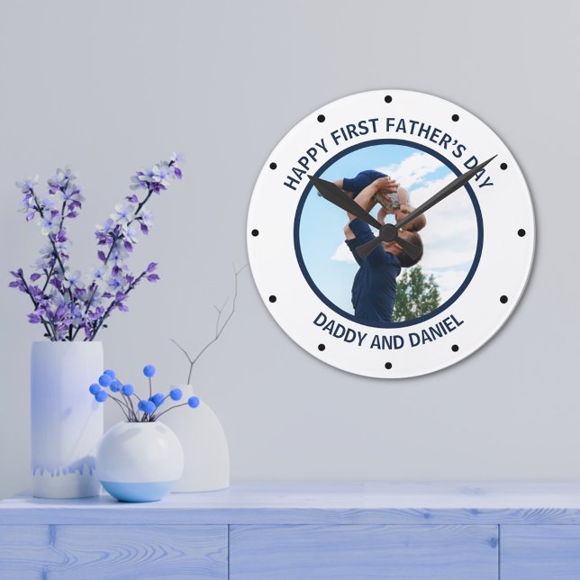 Lycklig First Far's Day Anpassningsbar Photo & Tex Rund Klocka (Skapare uppladdad)