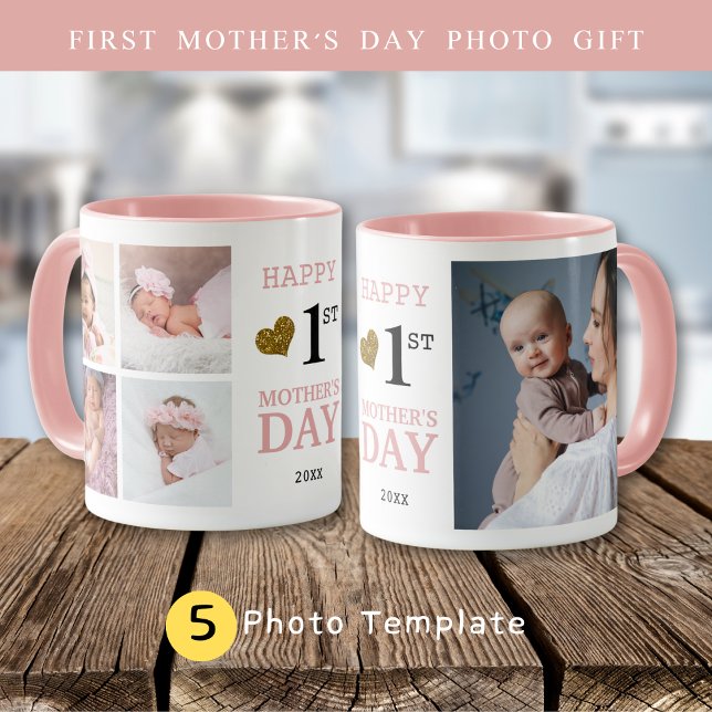Lycklig First Mors dag 5 Photo Collage Rosa Mugg (Happy First Mother's Day 5 Photo Collage Pink Mug
)
