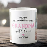 Lycklig First Mors dag Grandma Photo Kaffemugg<br><div class="desc">Första farmor i mors dag,  mugg,  med det söta ordspråket "lycklig 1:a mors dag-mormor",  två bilder av barnbarnet,  ett rosa hjärta och barn namn.</div>
