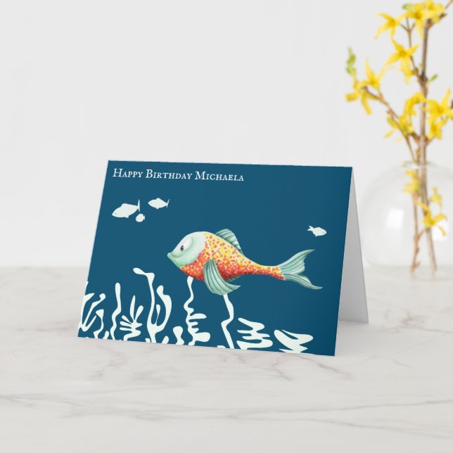 Lycklig Fish Cute Personlig Birdag Kort (Gul blomma)