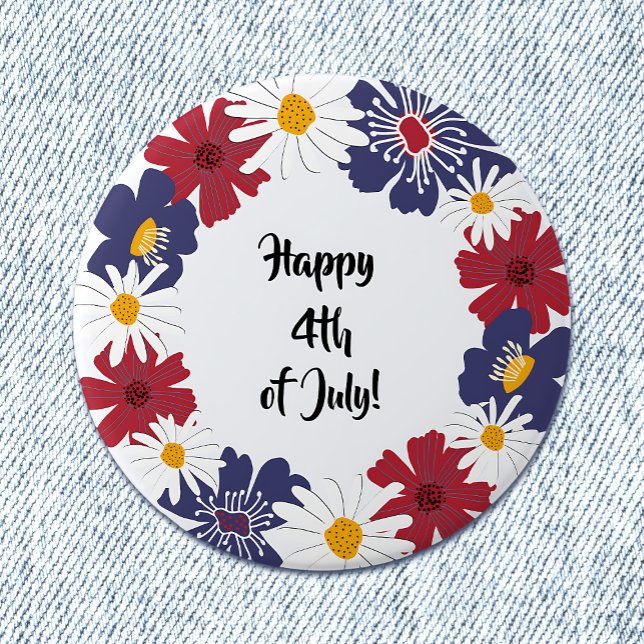 Lycklig Fjärde Blommigten Röda blåa Party Knapp (Happy 4th of July Button, on a denim background, with red, white and blue flowers.)