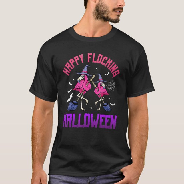 Lycklig Flocking Halloween Rosa Flamingo Witch T Shirt (Framsida)