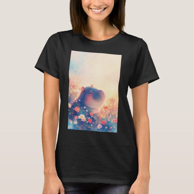 Lycklig flodhäst i en drömlid äng t shirt (Framsida)