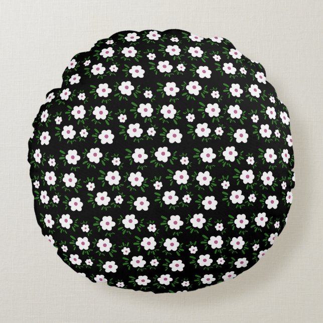 Lycklig Flowers på Black Rund Kudde (Framsidan)