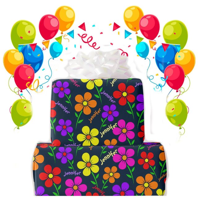 Lycklig Flowers Upprepande Namn Birthday Roll Presentpapper (Skapare uppladdad)