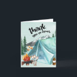 Lycklig födelsedags camping tält tack kort<br><div class="desc">Tack-kort med campingtema - perfekt för en bakgårdsgrillning,  picknick eller utomhus-födelsedagsfest. Denna mint- och blåa akvarelldesign har berg- och skogsmiljö med tält,  lägereld och smores. Titeln lyder "tack så mycket" och det återstående tackmeddelandet är helt redigerbart.</div>