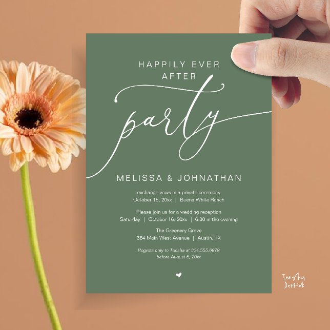 Lycklig För Evigt Efter Fest Romantisk Bröllopsmot Inbjudningar (Happily Ever After Party Romance Wedding Reception Invitation card in Sage green)