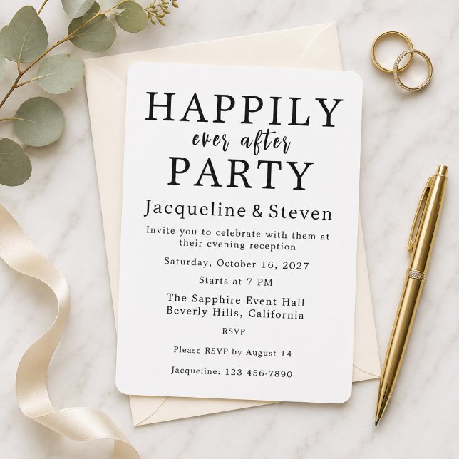 Lycklig För Evigt Efter Fest Tryckt Bröllop Spara Datumet (Modern Wedding Reception Invitation Happily Ever After Party)