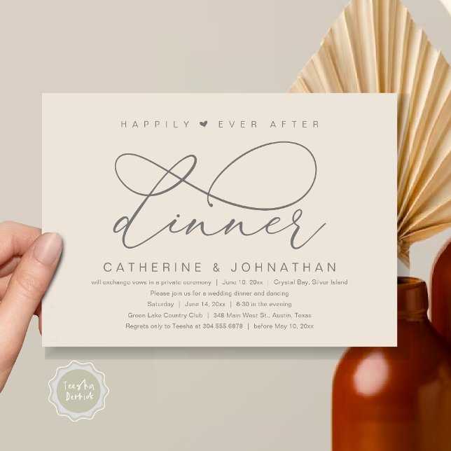 Lycklig För Evigt Efter Middag, Modern Romantisk F Inbjudningar (Happily Ever After Dinner Party, Modern Romantic Wedding  Invitation Card, PDF, Dark Grey Cream)