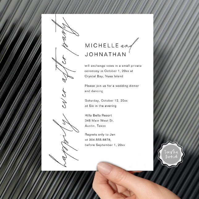 Lycklig För Evigt Fest, Bröllopsflykt Middag Inbjudningar (Happily Ever After Party, Wedding Elopement Dinner Invitation Card, Digital template download.)