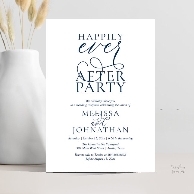 Lycklig För Evigt Fest, Elegant Bröllopsmottagning Inbjudningar (Happily Ever After Party, Classy Wedding Reception Modern Dinner Invitation Card PDF Navy Blue)
