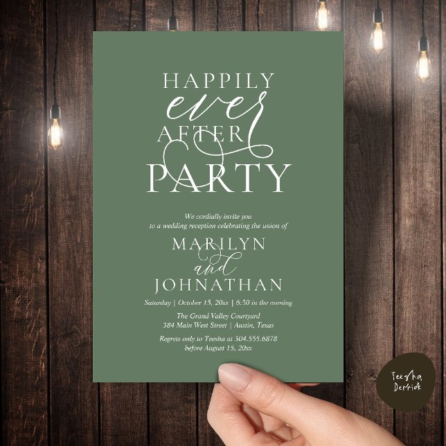 Lycklig För Evigt Fest, Klassisk Bröllopsmiddag Inbjudningar (Happily Ever After Party, Classy Wedding Dinner Party Invitation Card in Sage Green)