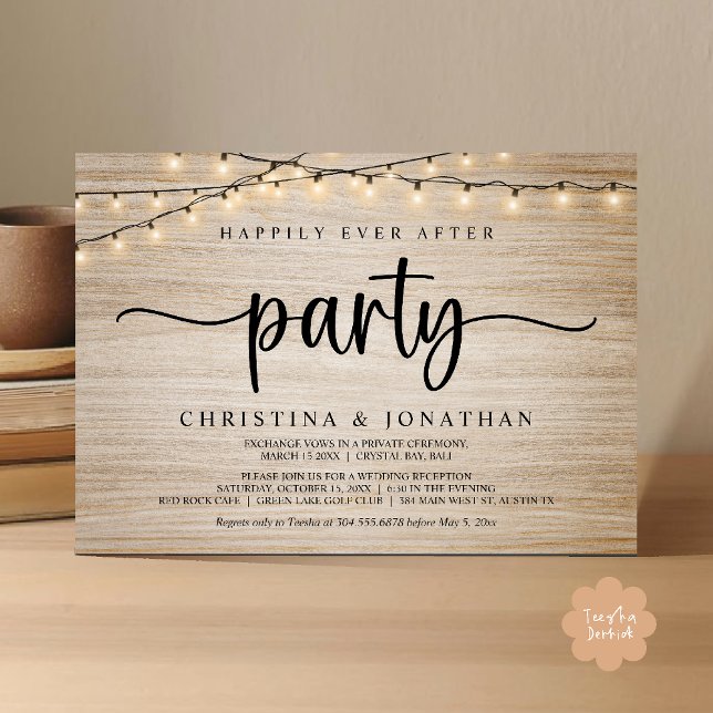 Lycklig För Evigt Fest, Rustika Ljussträngar Bröll Inbjudningar (Happily Ever After Party, Rustic String Lights Wed Invitation Card, Dark Brown Wood Background)