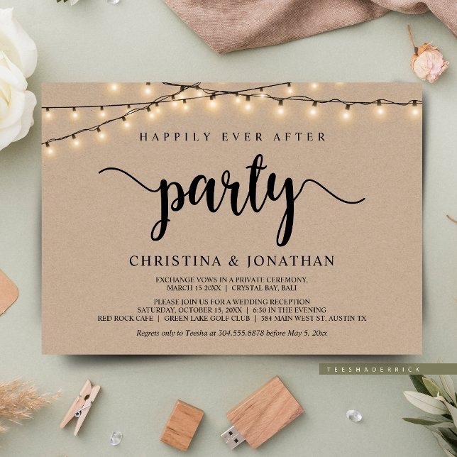 Lycklig För Evigt-fest, Strängljus Elopement Inbjudningar (Happily Ever After Elopement Party, Cottage String Lights Brown Kraft, Post Wedding Invites Cards.)