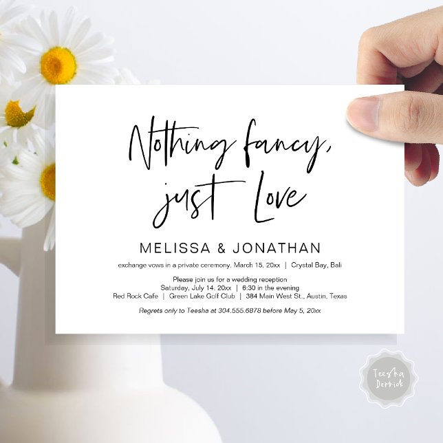 Lycklig För Evigt Fest, Svart, Bröllop Inbjudningar (Nothing Fancy Just Love, Wedding Elopement Dinner Party Invitation Card, PDF, Modern, Black White)