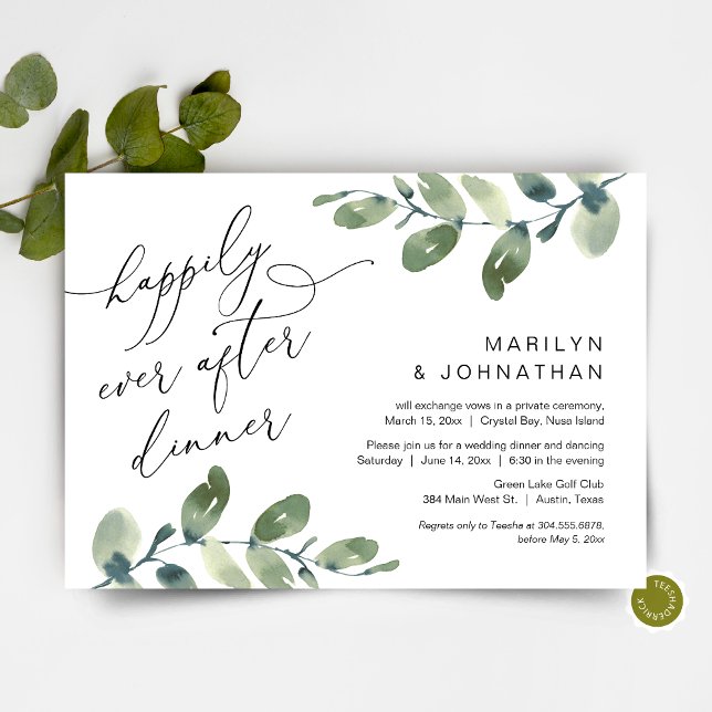 Lycklig För Evigt Middag, Hemlig Äktenskap, Grönsk Inbjudningar (Happily Ever After Dinner, Elopement Party Invitation Card, Greenery Eucalyptus, Digital Download)