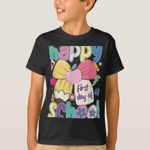 Lycklig första dag för skolpennlärarbarn tillbaka t shirt