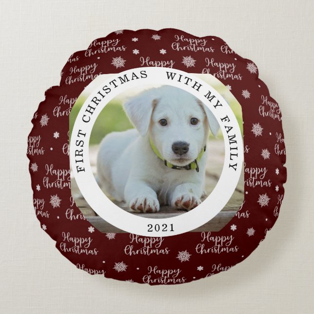 Lycklig Första jul - ditt foto Rund Kudde (Framsidan)