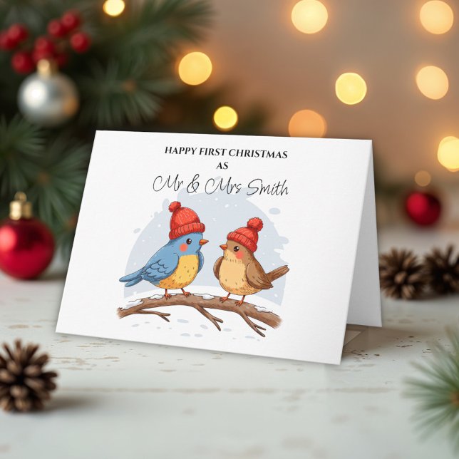 Lycklig Första jul som Mr. och Mrs. - Cute Birds Kort (Skapare uppladdad)
