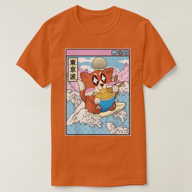 Lycklig Fox Eating Ramen Surfing Japansk Wave Anim T Shirt (Design framsida)