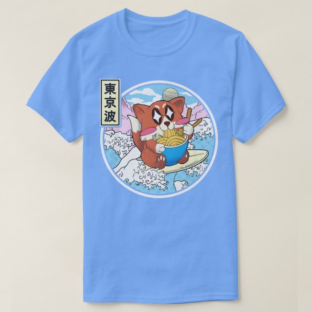Lycklig Fox Eating Ramen Surfing Japansk Wave Anim T Shirt (Design framsida)