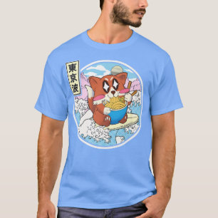 Lycklig Fox Eating Ramen Surfing Japansk Wave Anim T Shirt