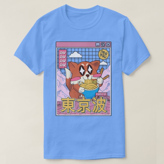 Lycklig Fox Eating Ramen Vaporwave Aesthetic Anime T Shirt (Design framsida)