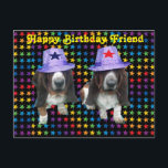 Lycklig Friend Birthday Basset Sta Vykort<br><div class="desc">Grattis på födelsedagen Friend - 2 bashundar på stjärnor med stjärnhatt</div>